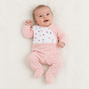 Bebé deitado com babygrow rosa com estrelas