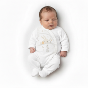 Bebé com babygrow pérola com estampado de coelho