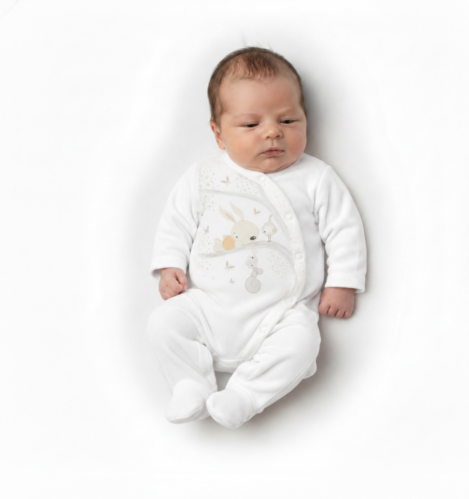 Bebé com babygrow pérola com estampado de coelho